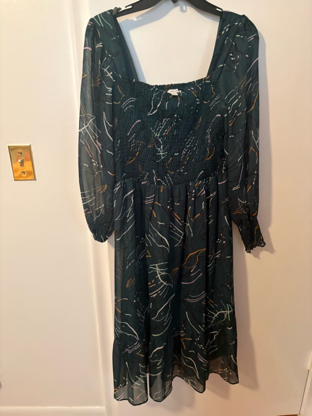 Nine West Teal Abstract Smocked Midi Dress